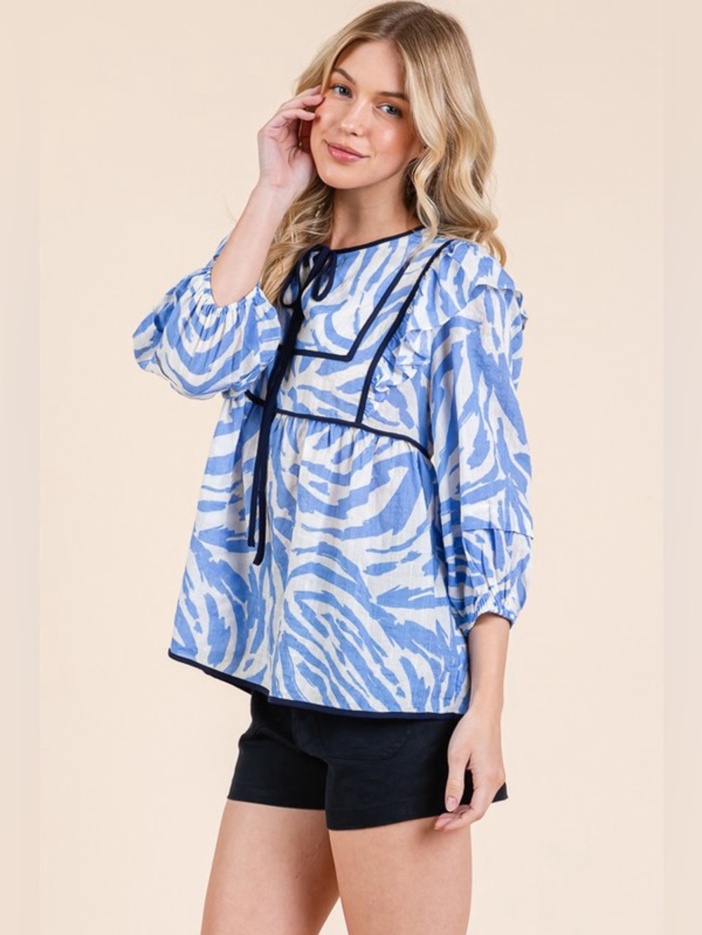 Lime 'N' Chili Graphic Print Solid Trim Quarter Sleeve Blouse - Picture 2 of 14
